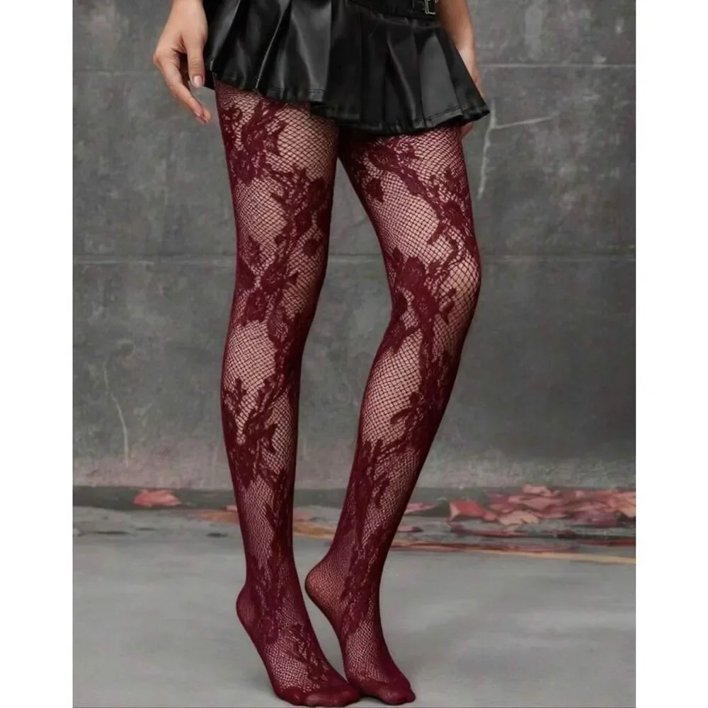 Burgundy Lace detail Fishnet tights